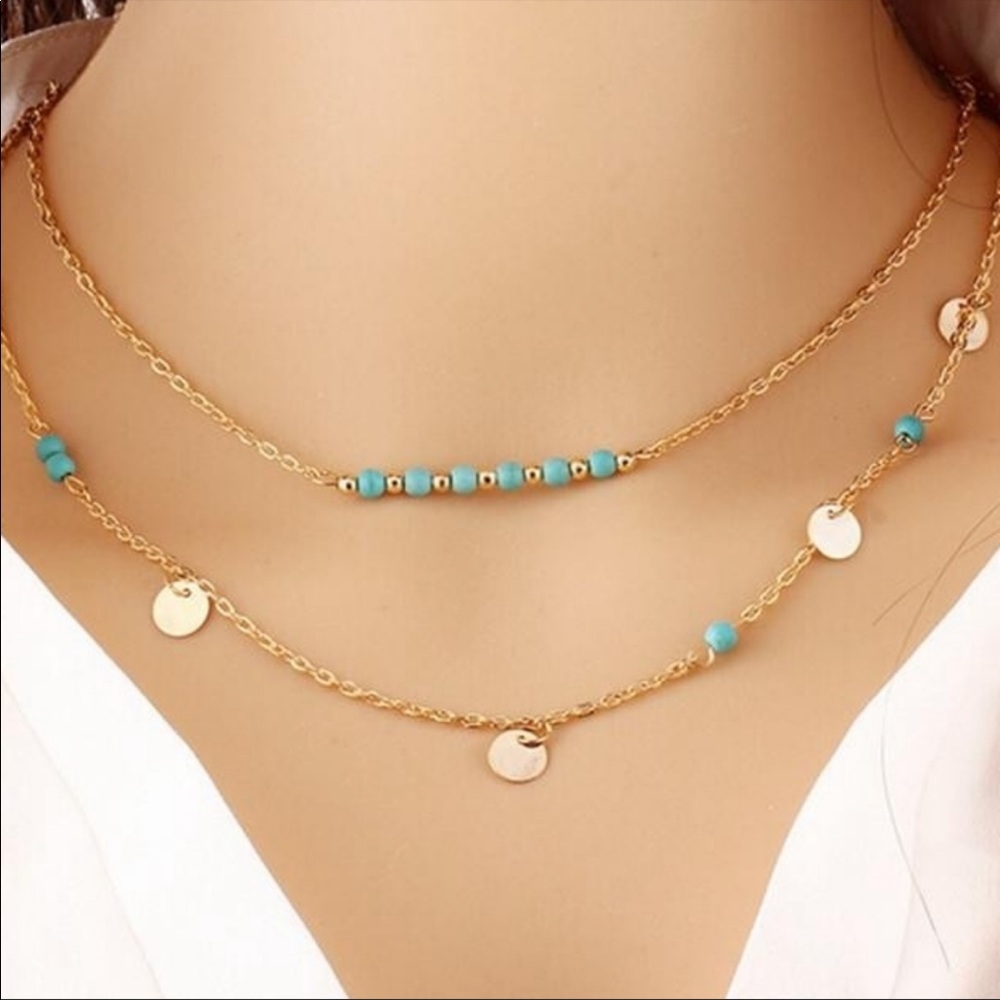 Boho beaded double layered necklace set gold and turquoise aqua